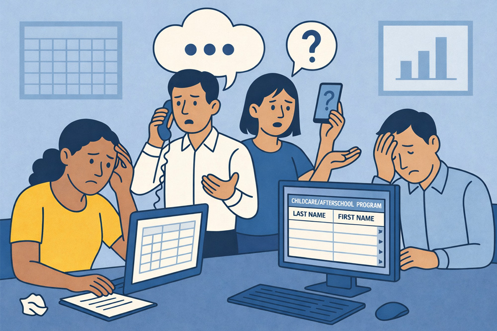 School administrators struggling with outdated childcare management software and manual data entry in afterschool program office