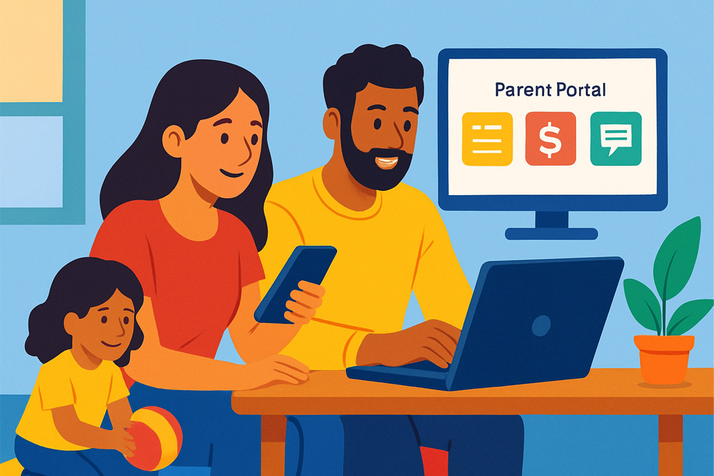 Parents managing childcare through a parent portal online.