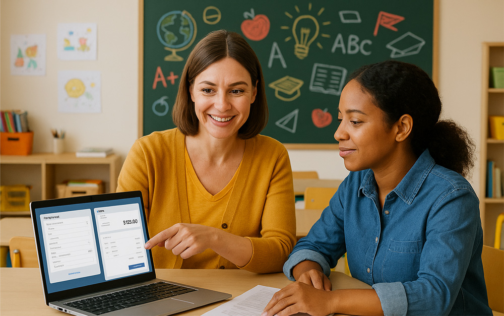 Childcare program administrator helping a parent with childcare software registration and billing tools at back-to-school time